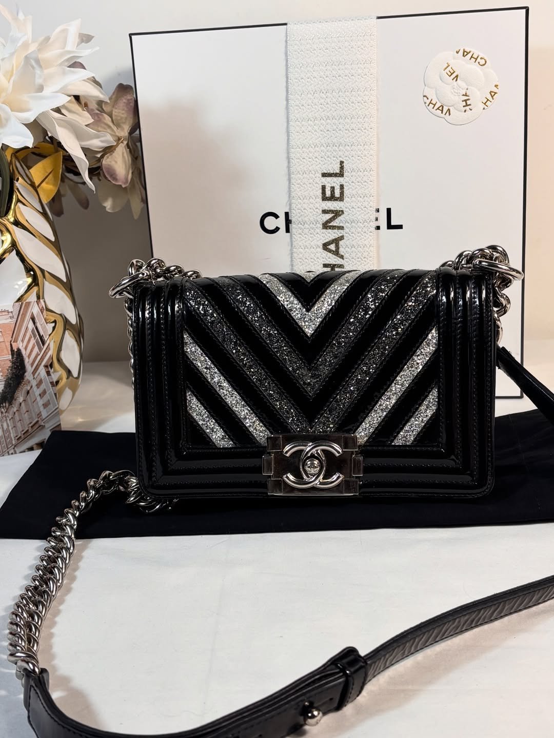 Black Patent Chevron Glitter Boy Bag - Image 2
