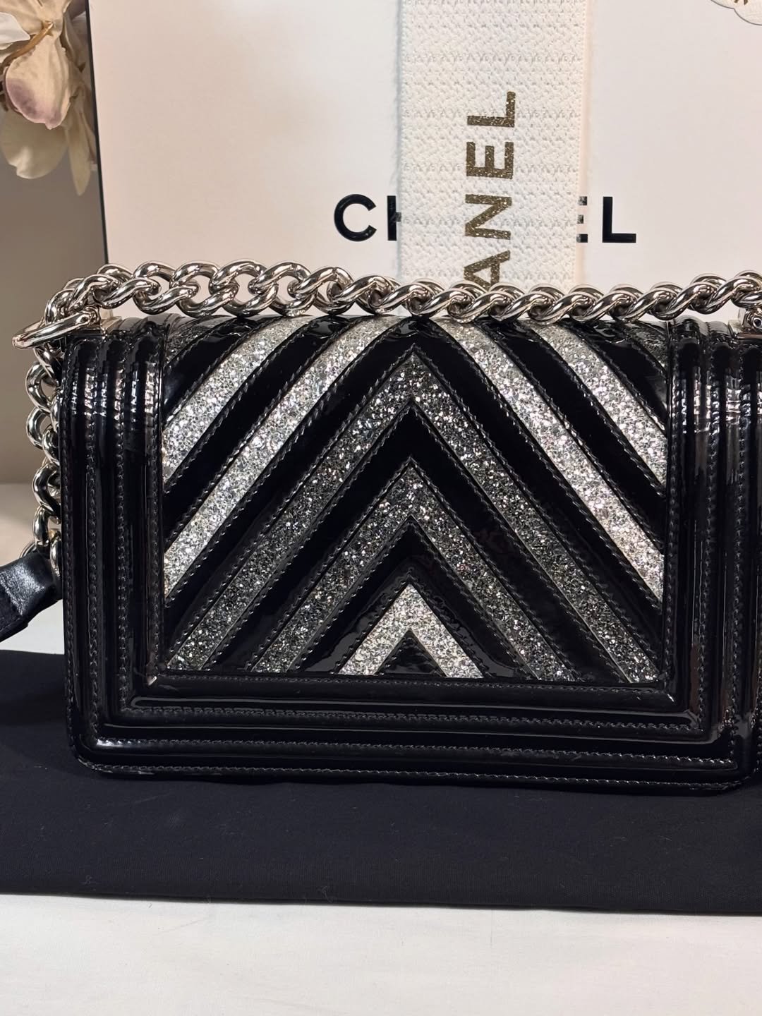 Black Patent Chevron Glitter Boy Bag