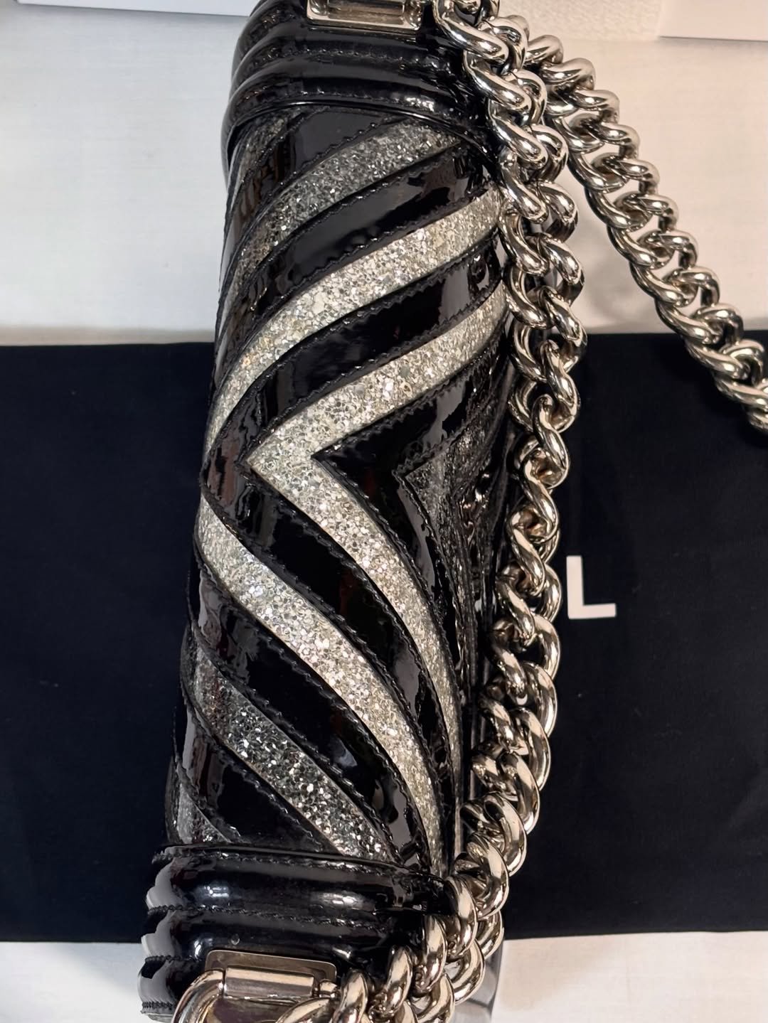 Black Patent Chevron Glitter Boy Bag - Image 4