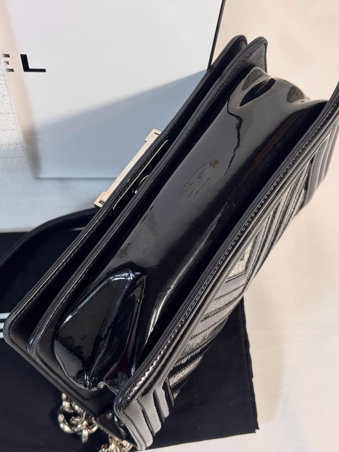 Black Patent Chevron Glitter Boy Bag - Image 9
