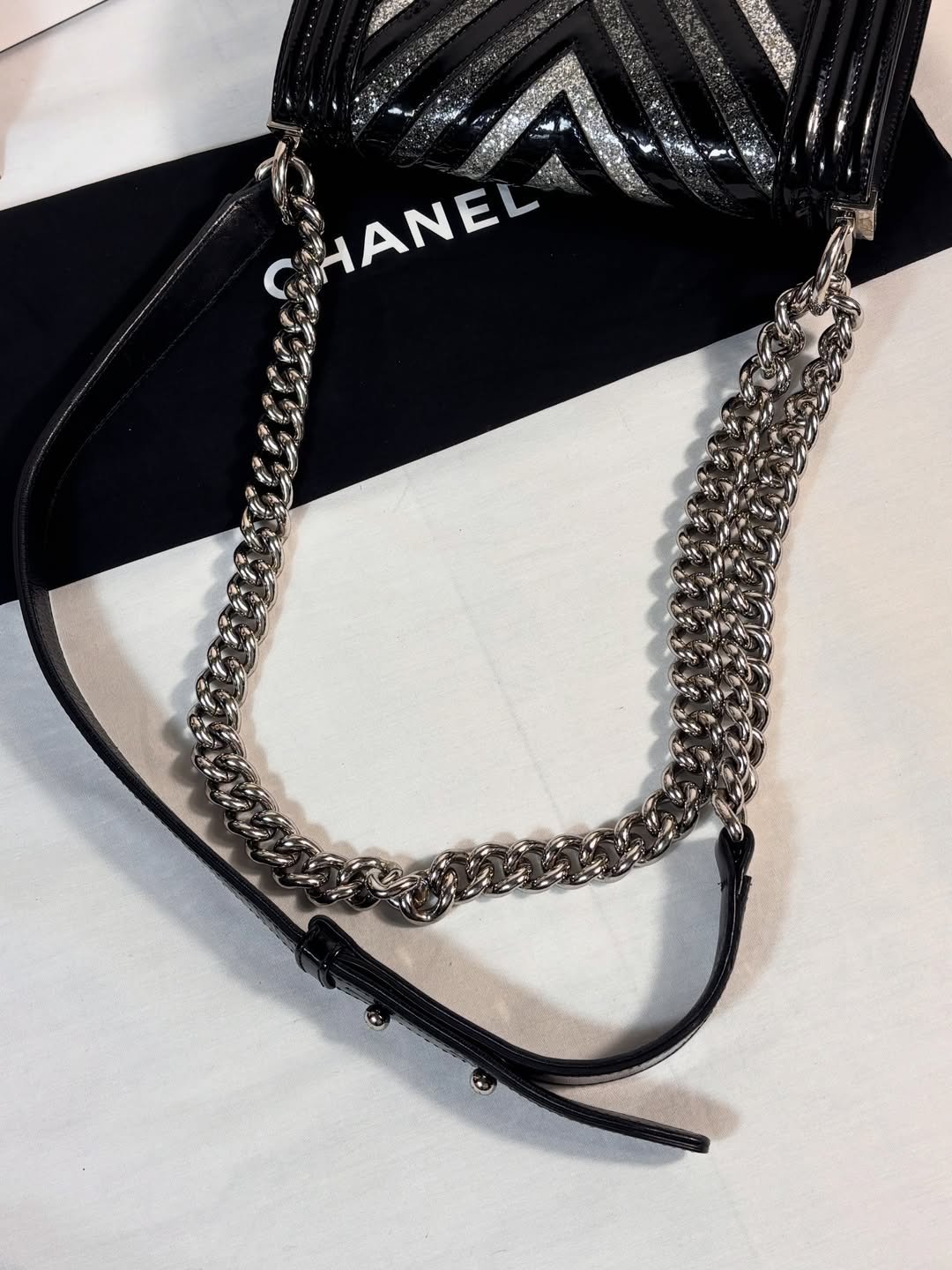 Black Patent Chevron Glitter Boy Bag - Image 3